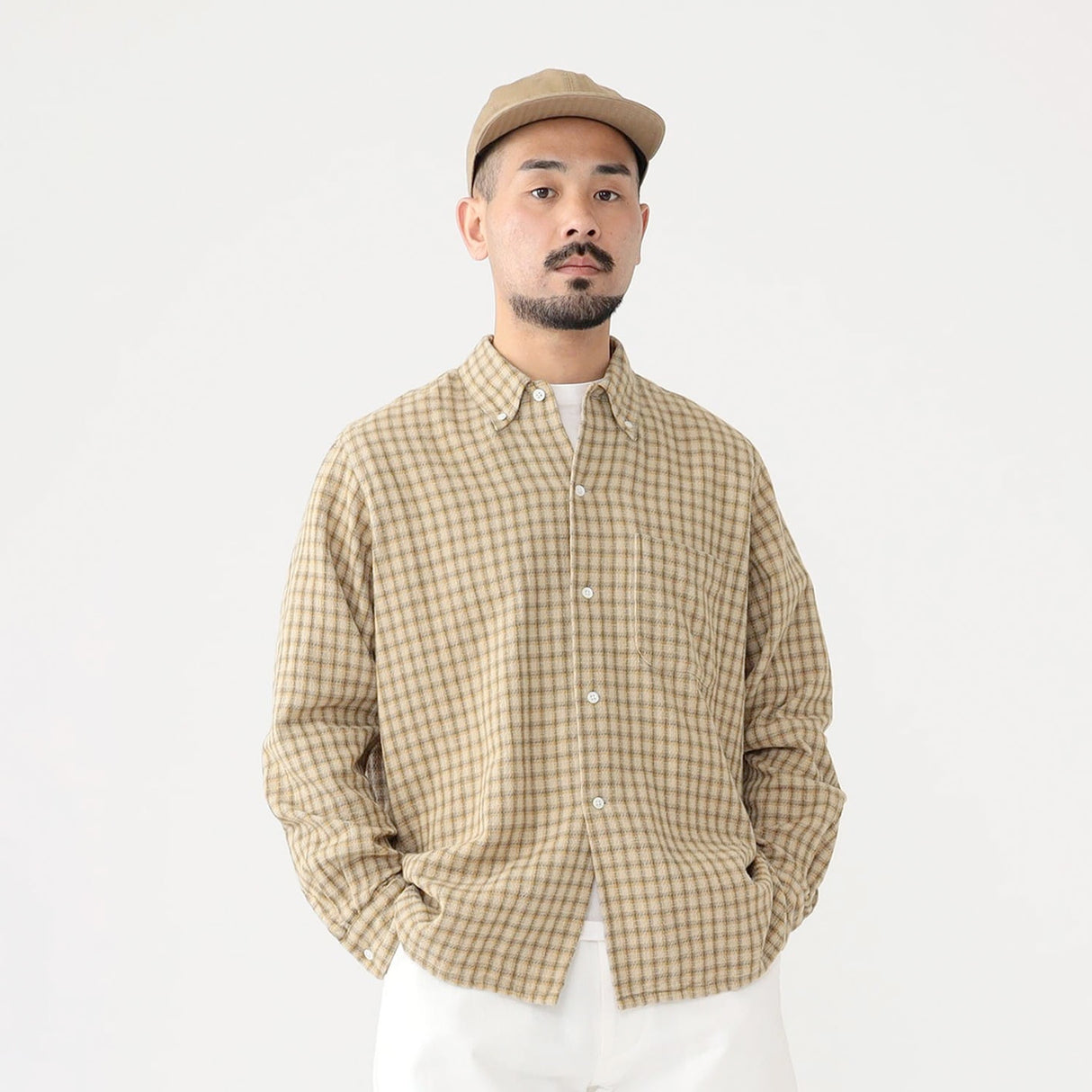 Beams+ OPEN B.D. PANAMA PLAID DOUBLE FACE, Beige