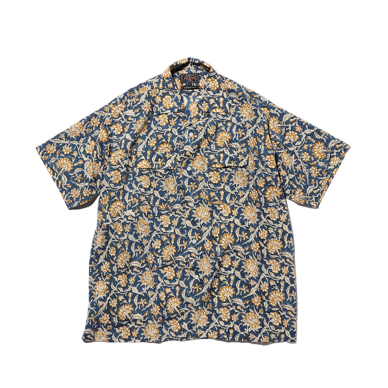 Beams+ OPEN COLLAR BLOCK PRINT, Blue