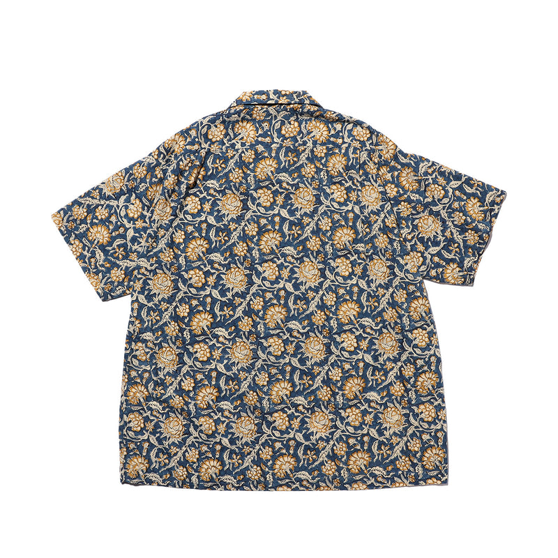 Beams+ OPEN COLLAR BLOCK PRINT, Blue