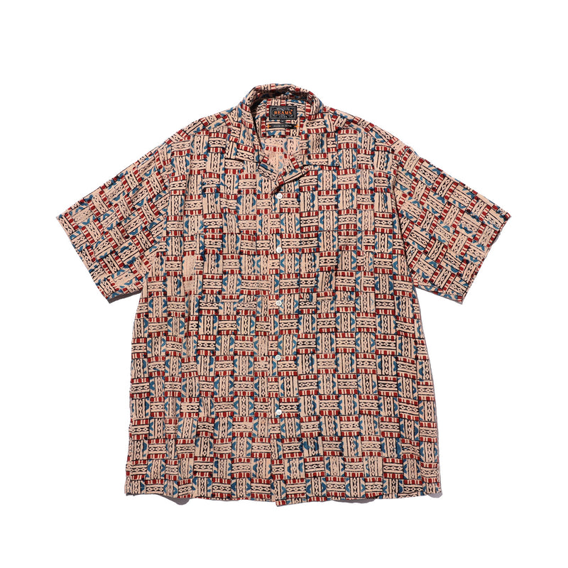 Beams+ OPEN COLLAR BLOCK PRINT, Red