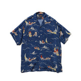 Beams+ OPEN COLLAR CUPRO PRINT SHIRT, Blue