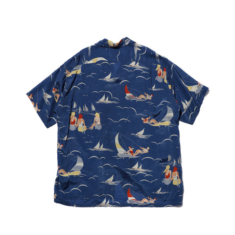 Beams+ OPEN COLLAR CUPRO PRINT SHIRT, Blue