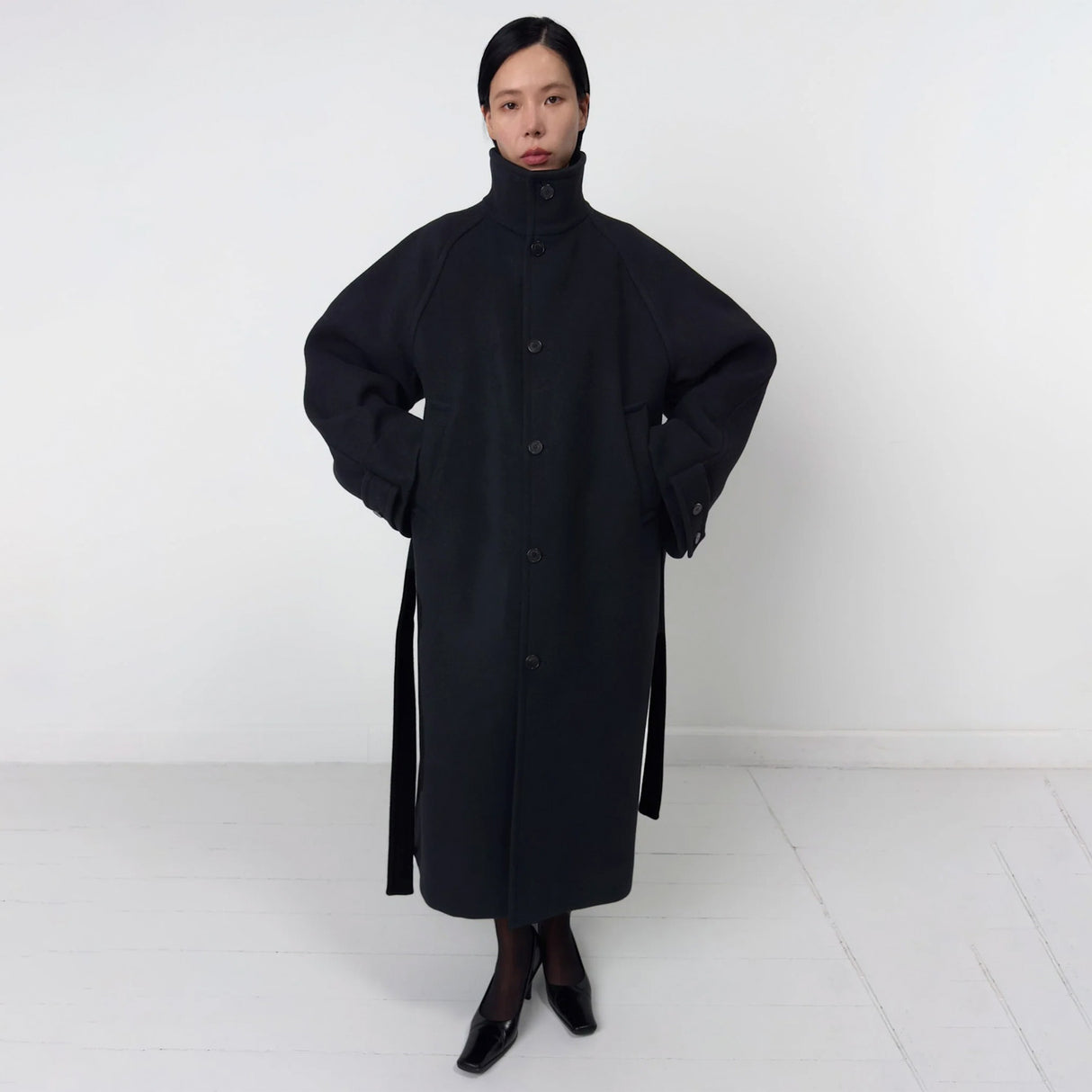Birrot HIGH NECK WOOL COAT, Black