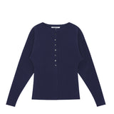 Navy blue long-sleeve shirt with buttons on a white background