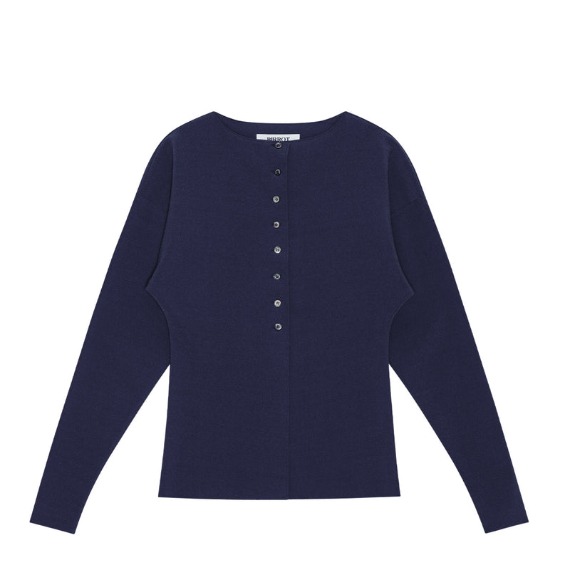 Navy blue long-sleeve shirt with buttons on a white background