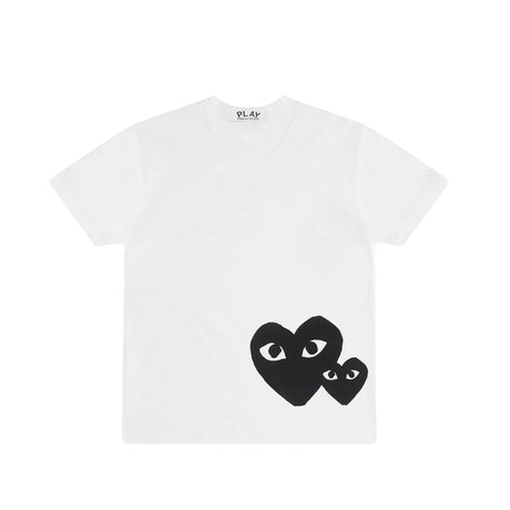 White t-shirt with black heart design on a white background