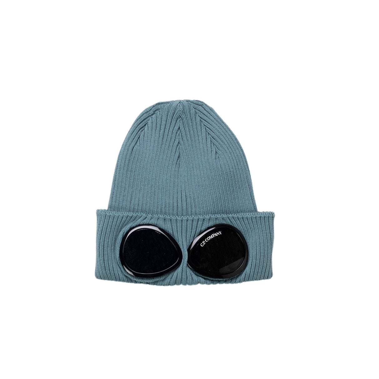 Blue beanie with round black lenses on a white background