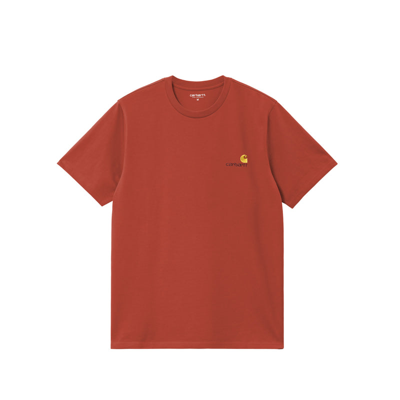 Red t-shirt with a small logo on a white background