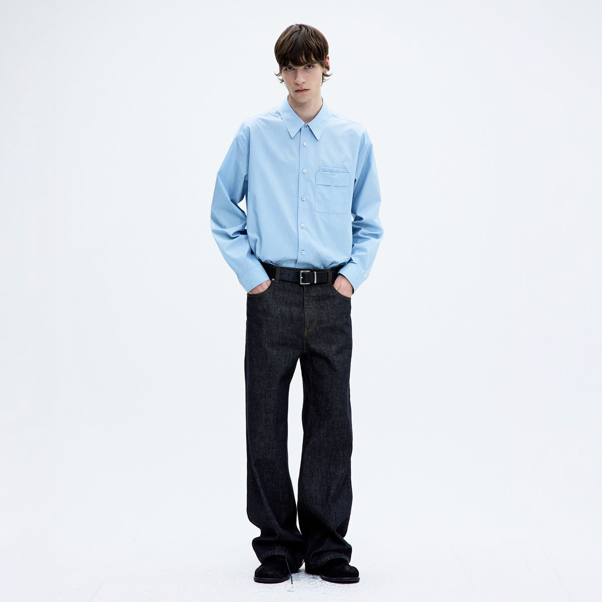 Coor PIN STRIPE POINTED SHIRT, Sky Blue