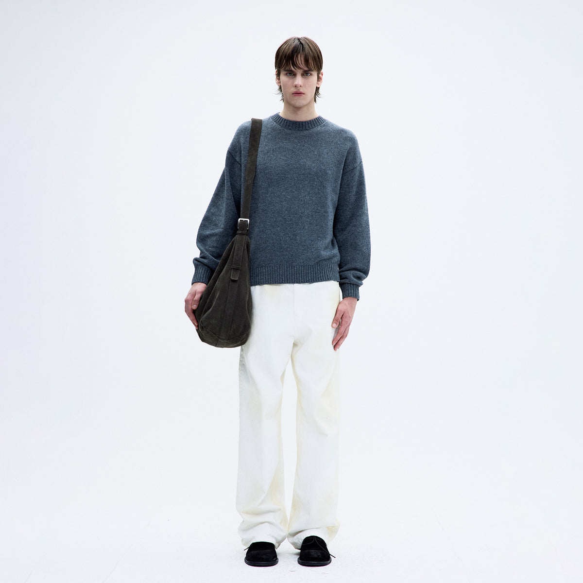 Coor WOOL CROPPED CREWNECK SWEATER, Melange Grey