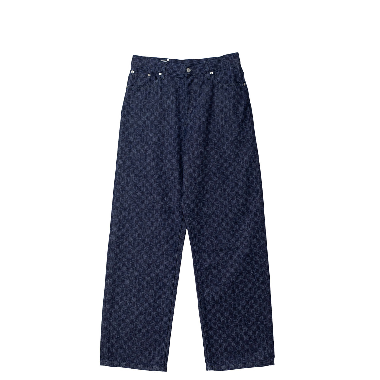 Navy blue pants with a subtle pattern on a white background