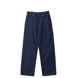 Navy blue pants with a subtle pattern on a white background