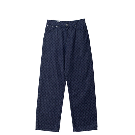 Navy blue pants with a subtle pattern on a white background