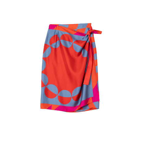 Colorful patterned skirt with a tie waist on a white background