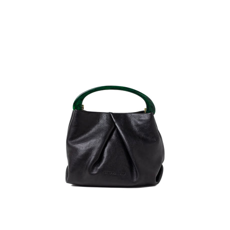 Black handbag with green handles on a white background