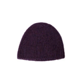 Dark purple knit beanie on a white background