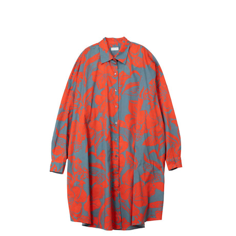 Long shirt with red and gray floral pattern on a white background