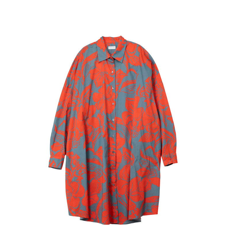 Long shirt with red and gray floral pattern on a white background