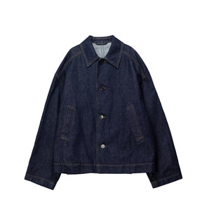 Dark blue denim jacket on a white background