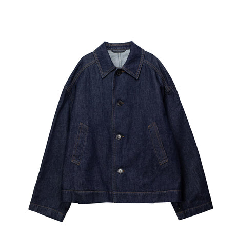 Dark blue denim jacket on a white background