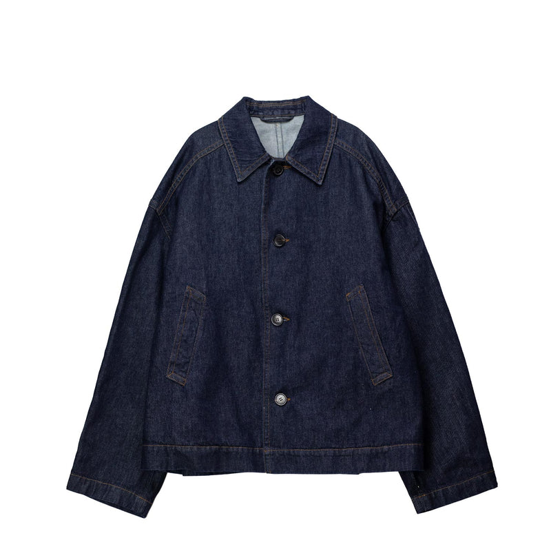 Dark blue denim jacket on a white background