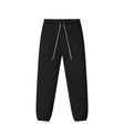Black jogger pants with an elastic waistband, white drawstrings, and subtle tonal branding on the upper thighs, shown against a plain white background.