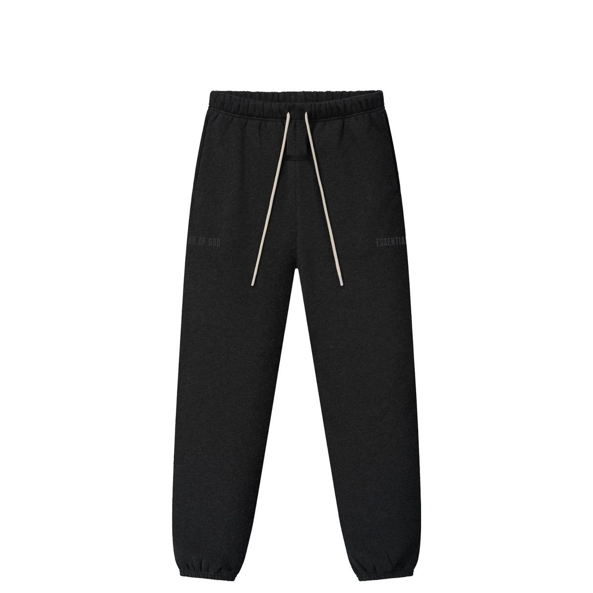 Black jogger pants with an elastic waistband, white drawstrings, and subtle tonal branding on the upper thighs, shown against a plain white background.