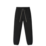 Black jogger pants with an elastic waistband, white drawstrings, and subtle tonal branding on the upper thighs, shown against a plain white background.