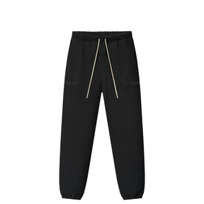 Black jogger pants with an elastic waistband, white drawstrings, and subtle tonal branding on the upper thighs, shown against a plain white background.