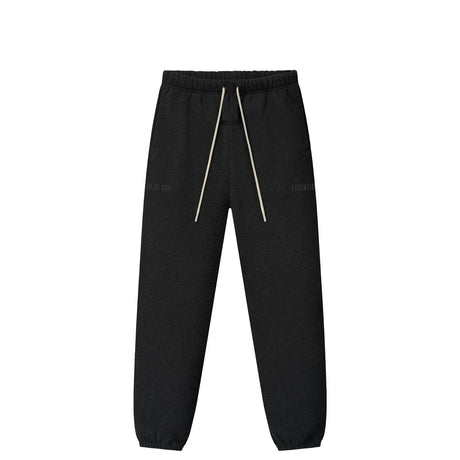 Black jogger pants with an elastic waistband, white drawstrings, and subtle tonal branding on the upper thighs, shown against a plain white background.