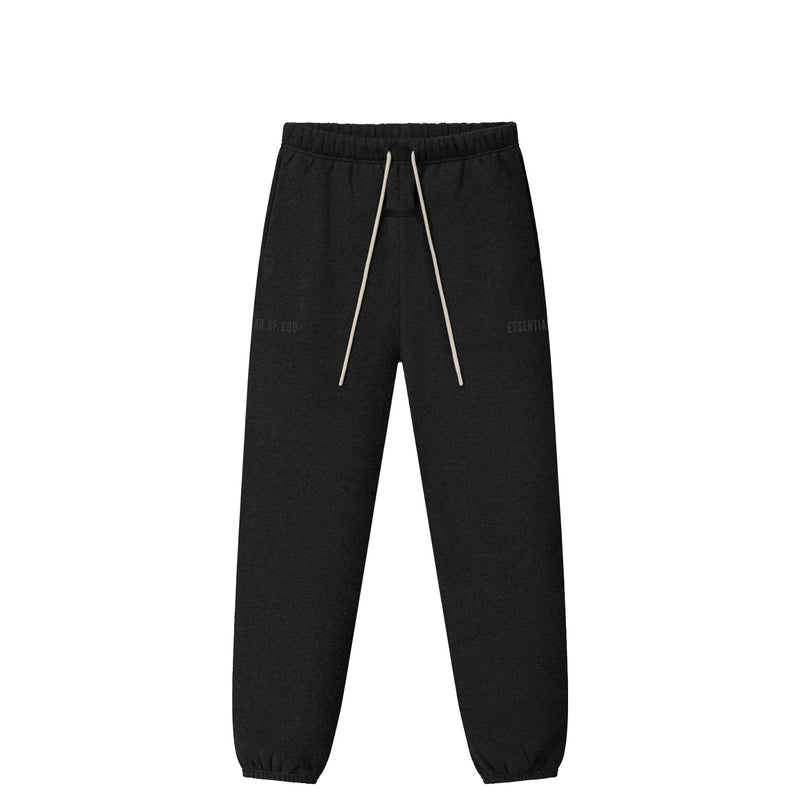 Black jogger pants with an elastic waistband, white drawstrings, and subtle tonal branding on the upper thighs, shown against a plain white background.