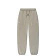 A pair of light gray heather sweatpants with an elastic waistband, matching drawstrings, and subtle tonal text graphics on the upper thighs, shown against a plain white background.
