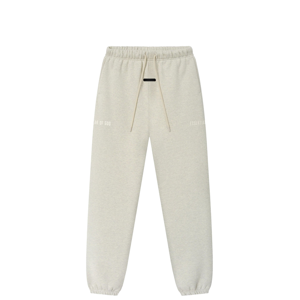 Light beige heather sweatpants with an elastic waistband, beige drawstrings, and subtle white text graphics on the upper thighs, shown against a plain white background.