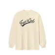 An oversized cream-colored long-sleeve t-shirt with 'Fear & God' printed in black script across the chest, displayed on a clean white background.