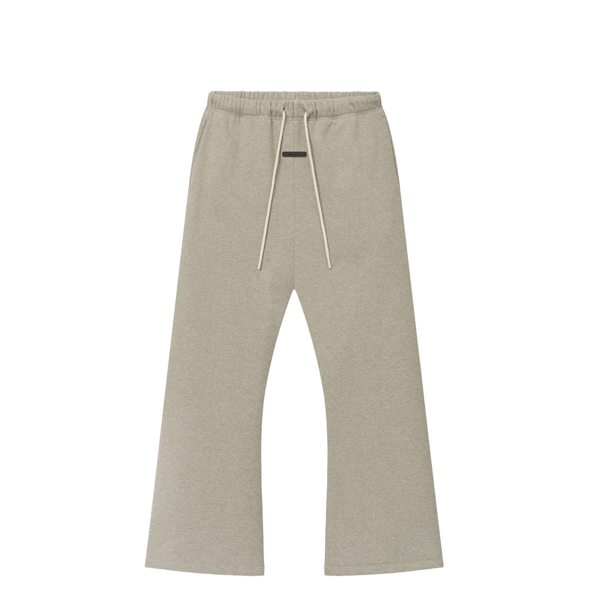 A pair of light beige heathered sweatpants with an elastic waistband and white drawstrings, shown flat against a solid white background.