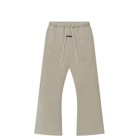 A pair of light beige heathered sweatpants with an elastic waistband and white drawstrings, shown flat against a solid white background.