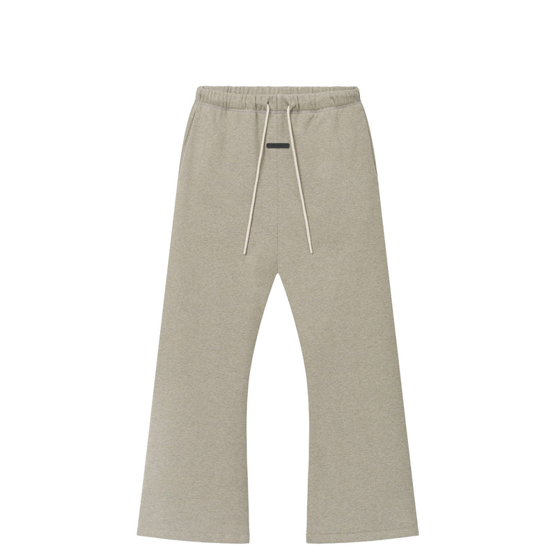 A pair of light beige heathered sweatpants with an elastic waistband and white drawstrings, shown flat against a solid white background.