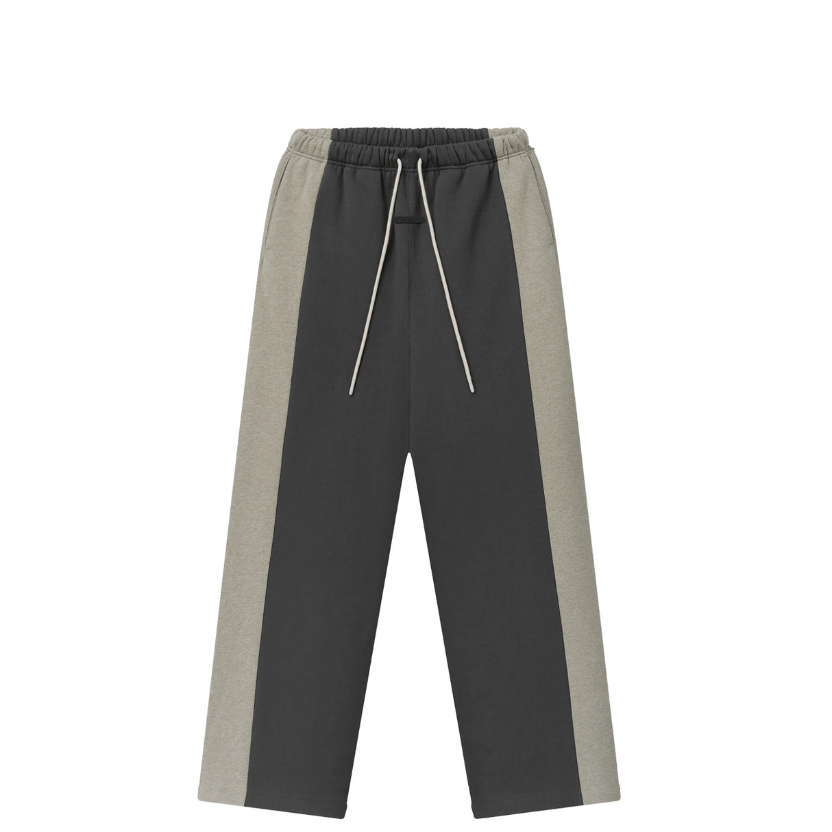 A pair of color-blocked sweatpants in dark gray and light gray, featuring a white drawstring, shown against a plain white background.