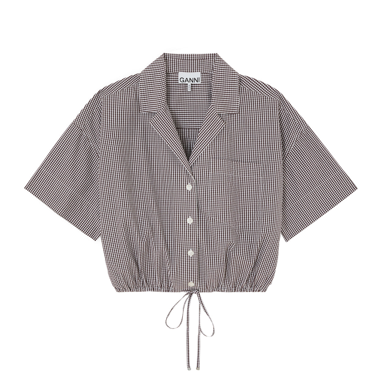 Ganni CHECK COTTON CROPPED BOWLING SHIRT, Chicory Coffee