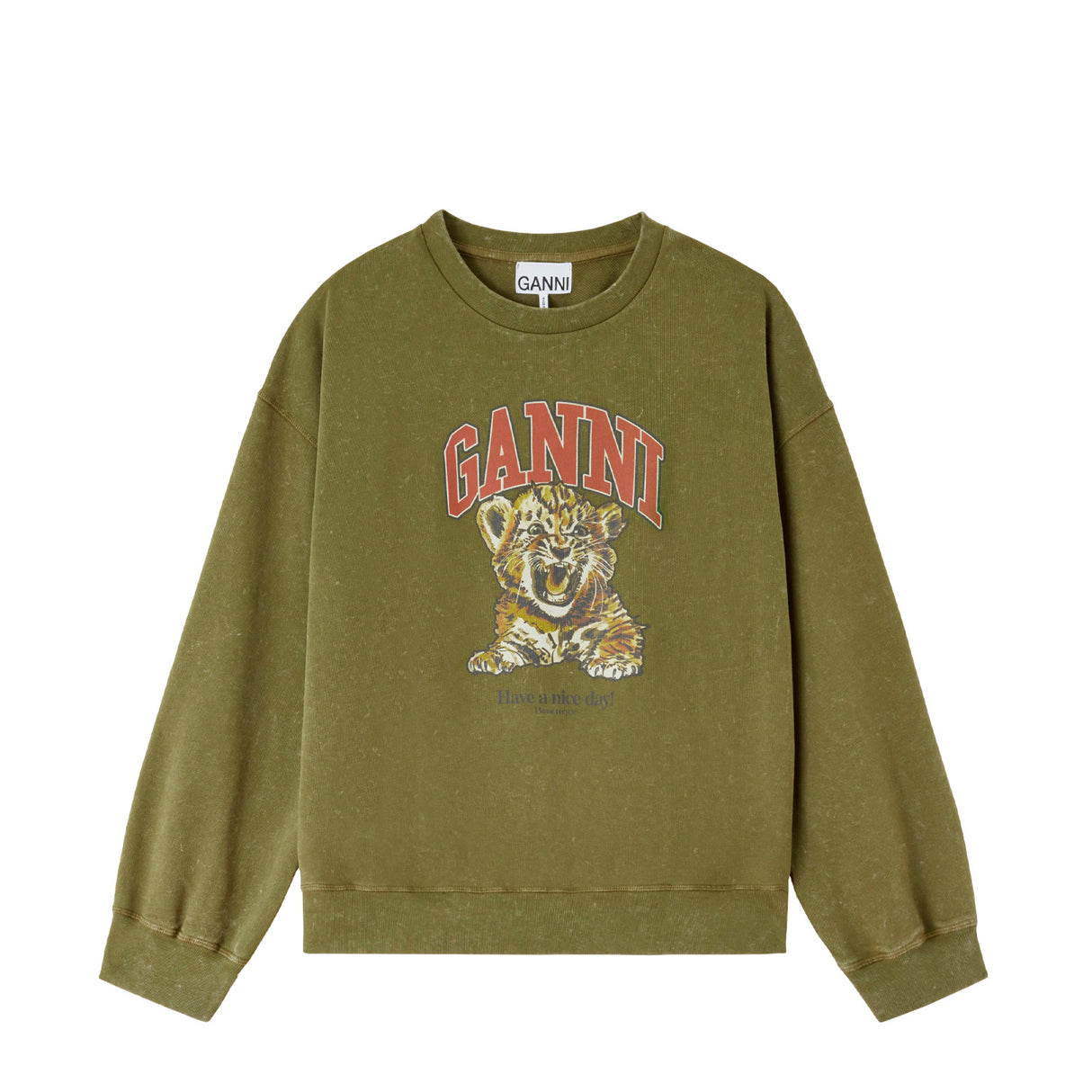 Ganni CREWNECK TIGER PRINT, Military Olive
