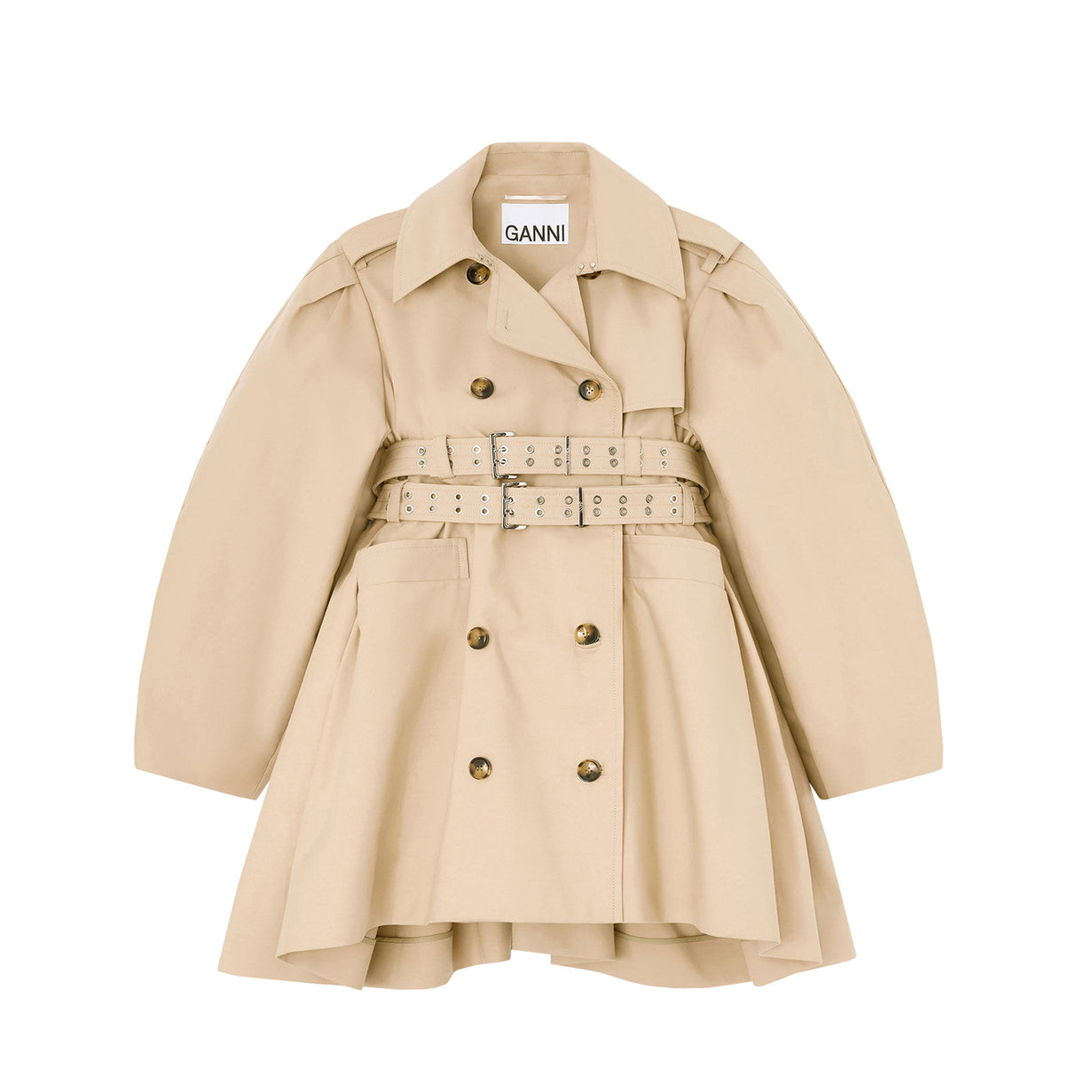 Ganni DOUBLE COTTON PEPLUM TRENCH COAT, Warm Sand