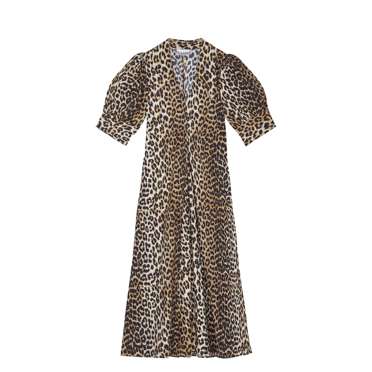 Ganni F8842 V-NECK LONG DRESS, Leopard