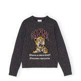 Ganni K2278 GRAPHIC WOOL MIX TIGER CREW NECK KNIT, Gray Quill