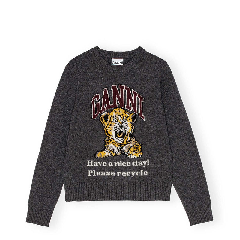 Ganni K2278 GRAPHIC WOOL MIX TIGER CREW NECK KNIT, Gray Quill