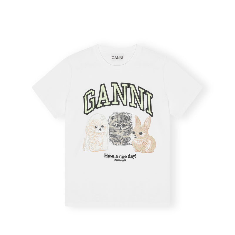 Ganni T4237 ANIMALS RELAXED T-SHIRT, Bright White