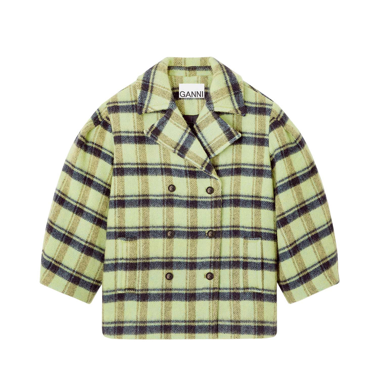Ganni W0992 BRUSHED WOOL CHECK MIDI COAT, Lime Sherbet