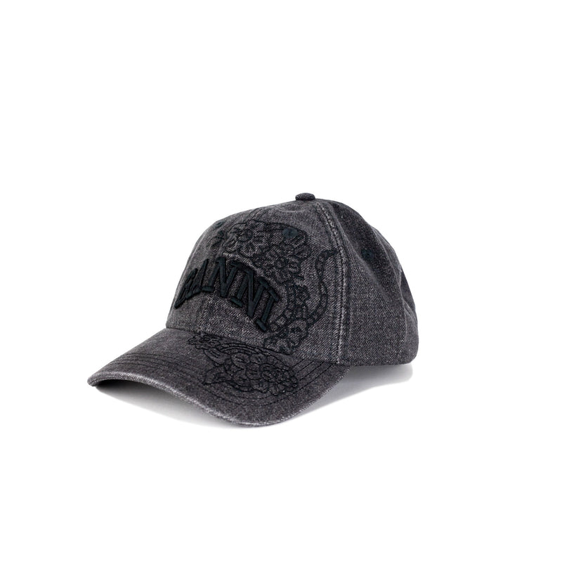Ganni WASHED EMPROIDERY DENIM CAP, Black Washed