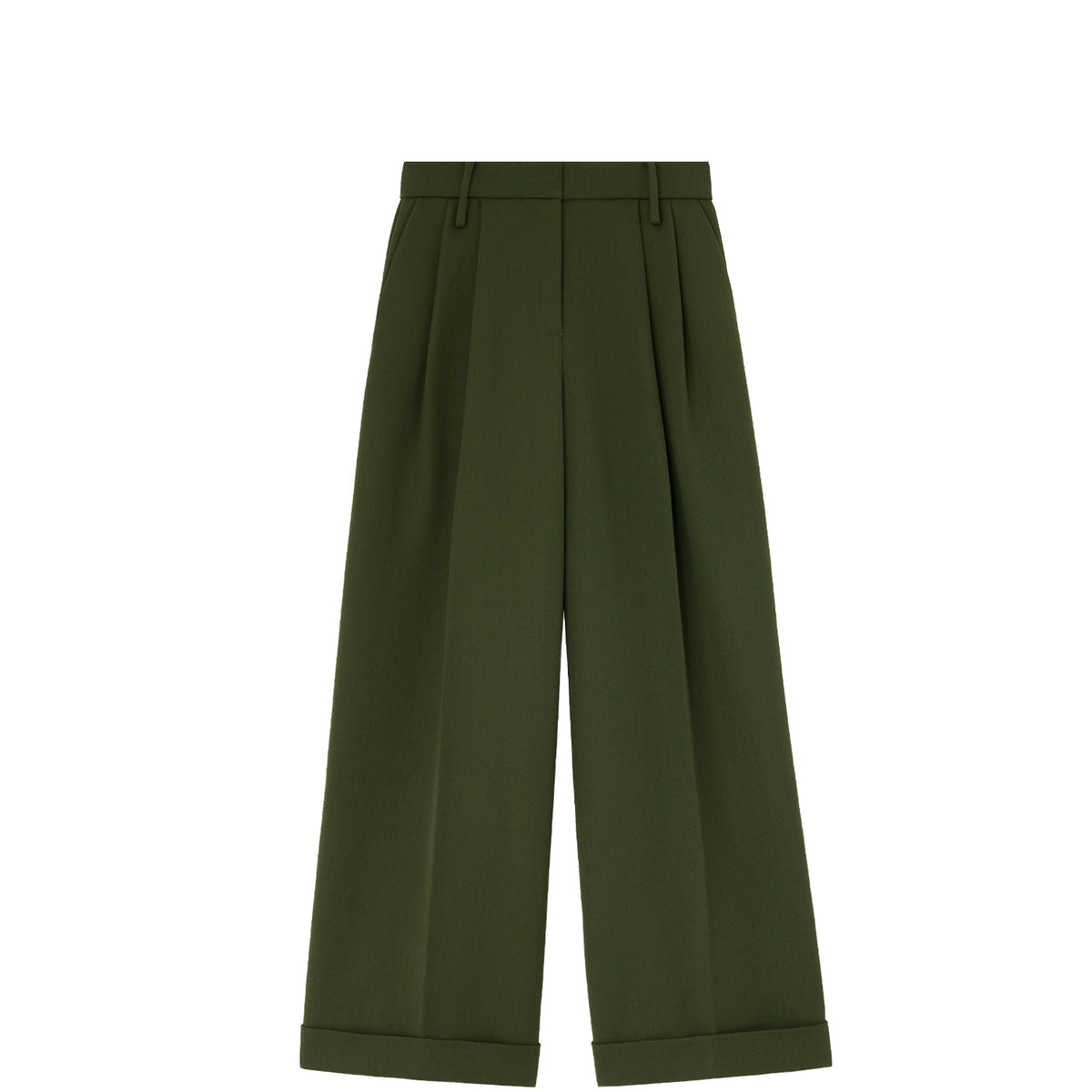 Ganni WOOL TWILL OVERSIZED PLEATED PANTS, Kombu Green