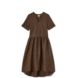 CRINKLED TAFFETA CHECK LONG DRESS, Tobacco Brown