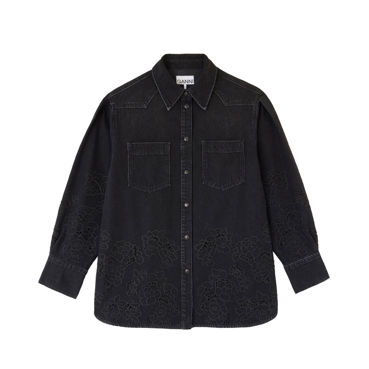 Ganni BRODERIE ANGLAISE DENIM SHIRT, Washed Black